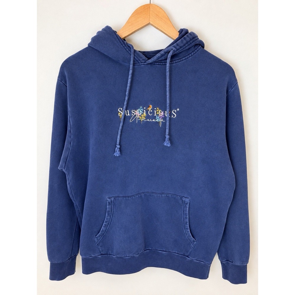 Suspicious Antwerp Hoodie Mens M Blue Floral Embroidered 100% Cotton Pullover